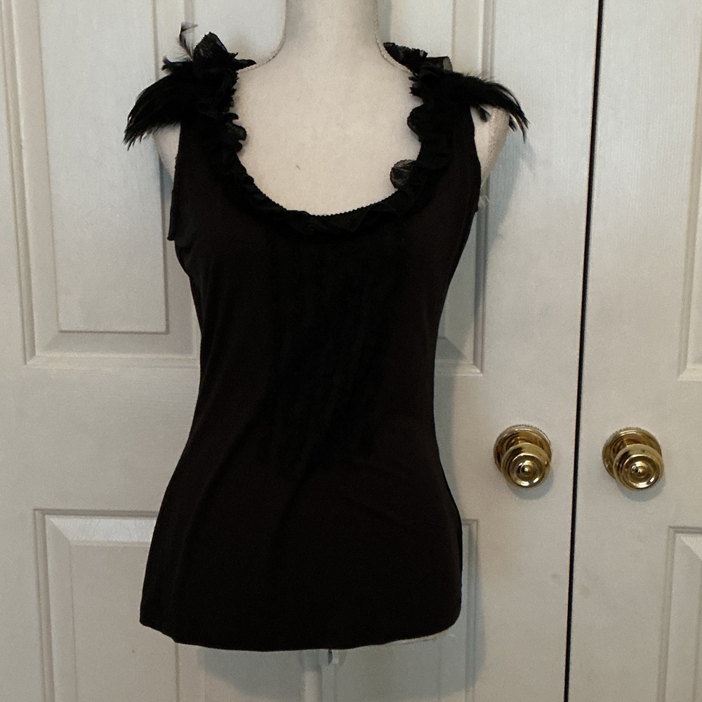 Elie Tahari Black Feather-Trim Scoop Neck Tank